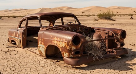 Abandoned Rusty Vintage Car in Desert Landscape Symbolizing Decay and Automotive History with Sand Dunes Backdrop a Captivating Image