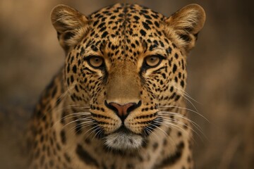 Obraz premium A close-up of a leopard's face with its eyes wide open, staring directly at the camera