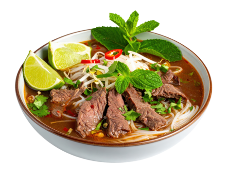 Savory bowl of Vietnamese beef pho with rice noodles fresh mint lime and chili.