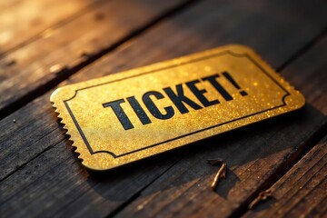 A single, golden ticket lies on a rustic wooden surface, illuminated by a warm, inviting light It suggests opportunity, luck, and a chance for adventure , prize, mystery, luck
