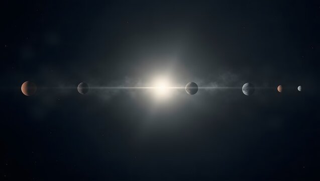 High-resolution solar system mockup featuring planets aligned in a vast cosmic expanse with a glowing central star.