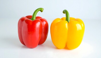 Two bell peppers, one red and one yellow, against a plain background.
