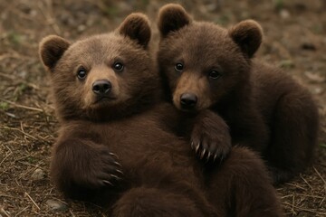 Obraz premium A Glimpse into the Wild - Two Brown Bear Cubs Embrace Each Other in a Forested Setting