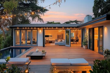 Fototapeta premium Modern house exterior with open living room, wooden deck, swimming pool, evening string lights, cozy outdoor seating, and lush surrounding greenery at sunset