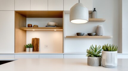 Modern Minimalist Kitchen with Open Shelving and Plants