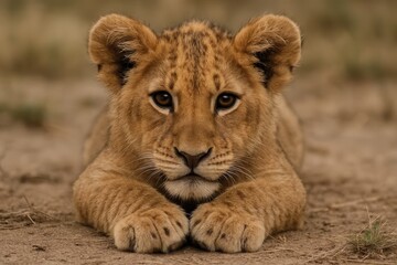 Obraz premium A young lion cub lies in quiet contemplation on a dusty savanna, its eyes reflecting the gentle light of the day