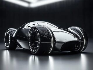Futuristic sleek black sports car with reflective surface and illuminated tires in dark minimalistic environment