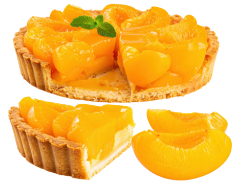 Golden peach tart with fluted crust glazed fruit and mint garnish with a slice removed.
