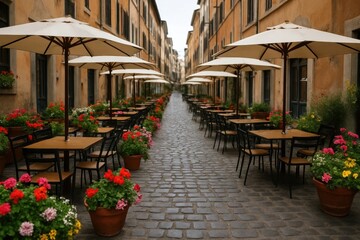 Fototapeta premium A tranquil alleyway in a European town, where cafes invite passersby to sit and enjoy the serene ambiance