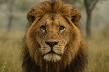 Fototapeta premium A majestic lion stands tall in the heart of a foggy savanna, its gaze piercing through the misty veil