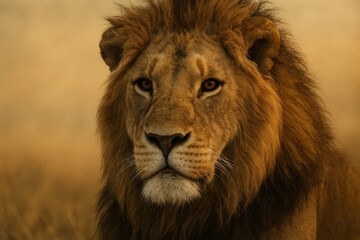 Obraz premium A majestic lion stands tall in the golden hues of the savannah, its gaze piercing and commanding