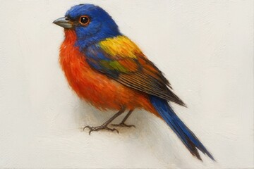Obraz premium A vibrant bluebird with a splash of orange and yellow on its wings stands poised on a white surface, exuding a sense of tranquility and beauty