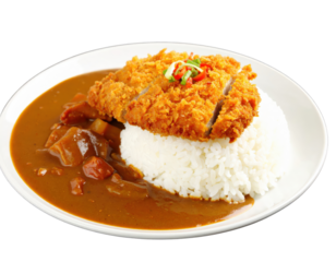 Crispy golden Tonkatsu pork cutlet over white rice with rich Japanese curry sauce garnished with sliced chili and green onion on a white plate.