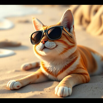 Whimsical Cat Illustration on Beach Holiday. : Smiling pet wearing sunglasses.Relaxing seaside.Pet with sunglasses on beach.close-up.Generated by AI