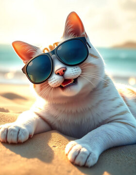 Sunglass-Wearing Cat in Coastal Setting. : Smiling pet wearing sunglasses.Relaxing seaside.Pet with sunglasses on beach.close-up.Generated by AI