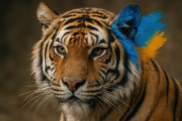 Fototapeta premium A tiger's gaze is piercing, yet serene, as it stands against a backdrop of earthy browns and subtle hints of blue