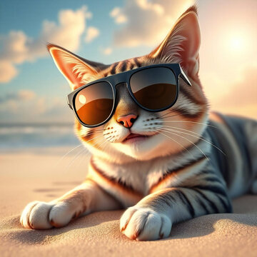 Feline Fun in the Sun &ndash; Beach Cat Illustration. : Smiling pet wearing sunglasses.Relaxing seaside.Pet with sunglasses on beach.close-up.Generated by AI