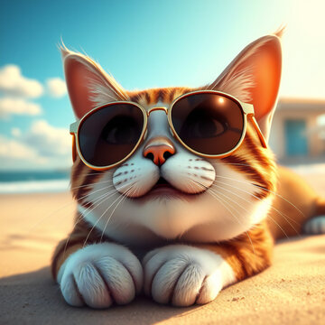 Tropical Cat Moment &ndash; Sunglasses and Sand. : Smiling pet wearing sunglasses.Relaxing seaside.Pet with sunglasses on beach.close-up.Generated by AI