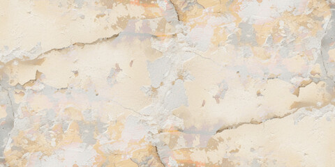 Abstract textured wall with a weathered appearance. The surface is covered with peeling and cracked paint, revealing multiple layers of gray, white, and beige tones underneath.