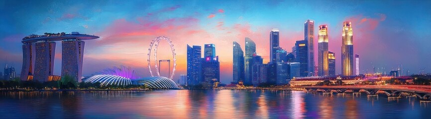 Obraz premium City skyline at vibrant sunset with illuminated skyscrapers, giant observation wheel, futuristic dome-shaped buildings, and water reflections creating a serene urban scene
