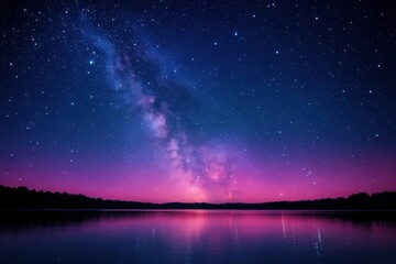Fototapeta premium A tranquil night sky over a serene lake, where the Milky Way meets the earth's edge
