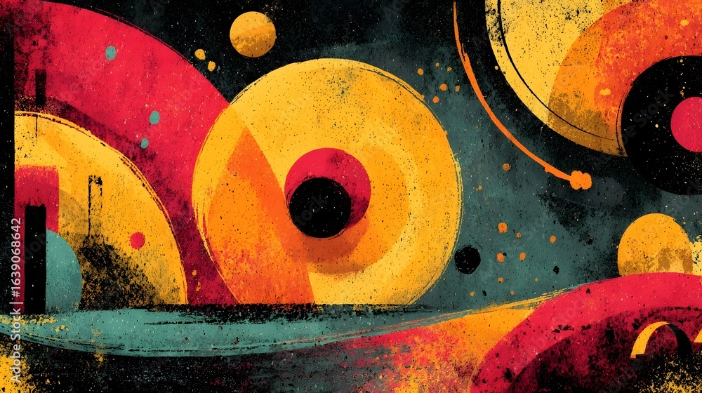 Poster a visually striking abstract composition featuring a dynamic arrangement of vibrant geometric shapes