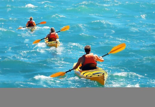 Three people kayaking on bright blue sparkling water under clear weather, wearing orange life jackets and paddling yellow kayaks in a line - Powered by Adobe