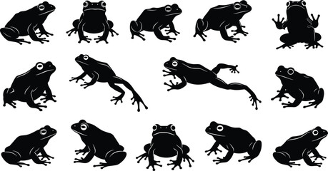 Frog silhouettes, fifteen poses, jumping frogs, sitting frogs, mid-air stance, amphibian motion, black figures, white eyes, nature theme, animal design