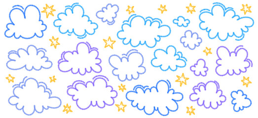 Cute pastel clouds in purple and blue outline with tiny yellow stars, seamless whimsical night sky background