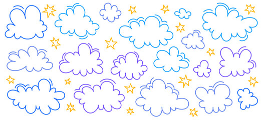 Pastel cloud and star seamless pattern with blue, lilac and yellow outline, hand-drawn dreamy sky for playful designs