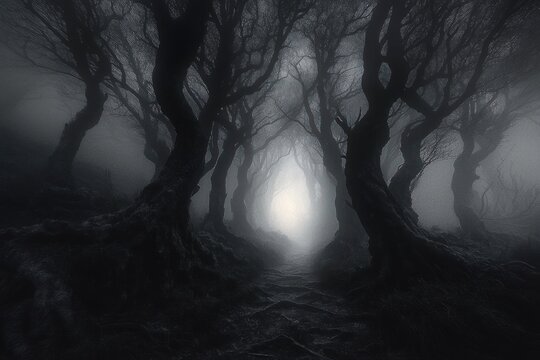 Dark foggy forest path lined with twisted, bare trees creating an eerie, mysterious atmosphere with light glowing in the distance