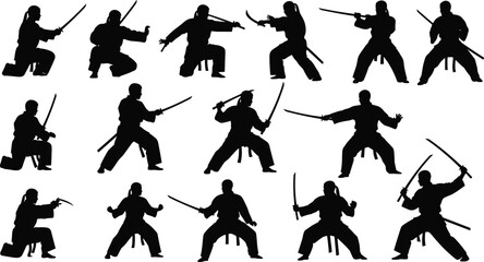 Martial arts sword silhouette, combat poses, sword fighting stance, warrior figure, black clipart, vector illustration, defense, attack, training, discipline