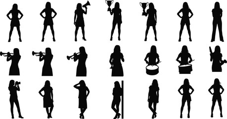 Human silhouettes, twenty poses, activity variety, standing stances, holding objects, musical actions, camera pose, trophy gesture, design reference, black figure