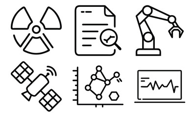 Science and Laboratory Line Icons Chemistry, Physics, Biology, Space, Robotics, Data, and Medical Vector Icon Set for Education, Research, and STEM Projects