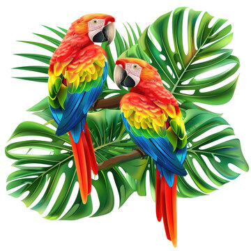 Two scarlet macaws perched on branch, tropical leaves, nature background, wildlife illustration, greeting card