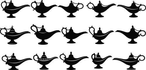 Silhouettes of Aladdin lamps, magical oil lamps, vintage spout designs, ornate handles, mythical objects, black vector icons, genie lamp collection