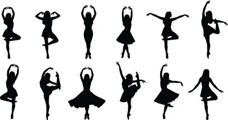 Silhouettes of ballet dancers, elegant poses, graceful movement, black and white art, dance flexibility, expressive motion, artistic choreography, ballet concept