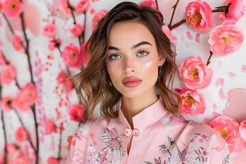 Fototapeta premium Serene Japanese Woman in Elegant Pink Kimono Portrait of Delicate Feminine Poise