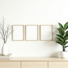 Fototapeta premium Frame mockup interior scene showcasing three frames on a wall above a cabinet with plants and books arranged decoratively
