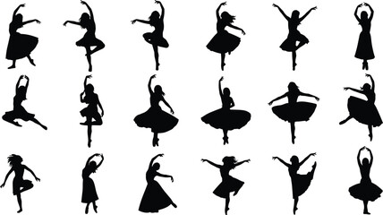 Silhouettes of dancers, ballet poses, elegant movement, flowing dresses, dance positions, graceful motion, artistic choreography, black and white art © Ideasy Mind