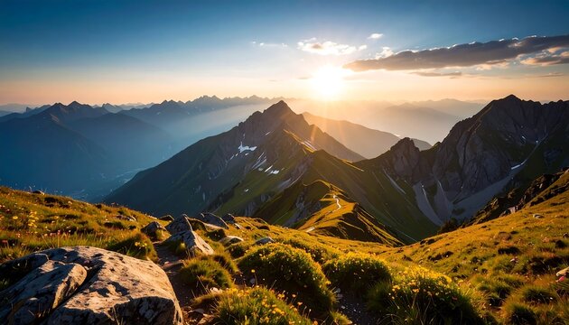 Majestic mountain vista at sunset.