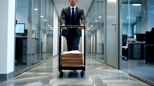 A male colleague pushes a small document cart through the corridor, and the camera follows him