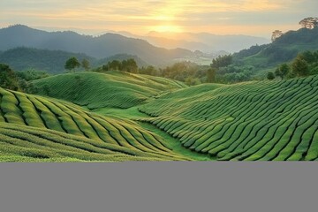Obraz premium Sun rising over lush green rolling fields with neatly lined rows of tea plants and distant forested hills under a calm sky