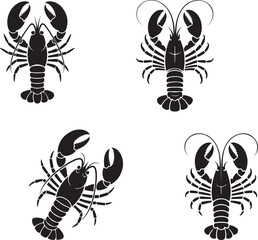 Four black silhouette lobsters against white background vector illustration