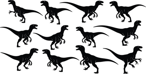 Velociraptor silhouette illustration, dinosaur vector graphic, prehistoric reptile clipart, raptor side profile, scientific pose design, black dinosaur art