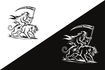 Grim reaper riding a tiger with a scythe in a stylized illustration