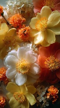 A beautiful allover flat lay of yellow light cam&Atilde;&copy;lias flower, including the white and red yellow paquerette flowers and little flowers orange.