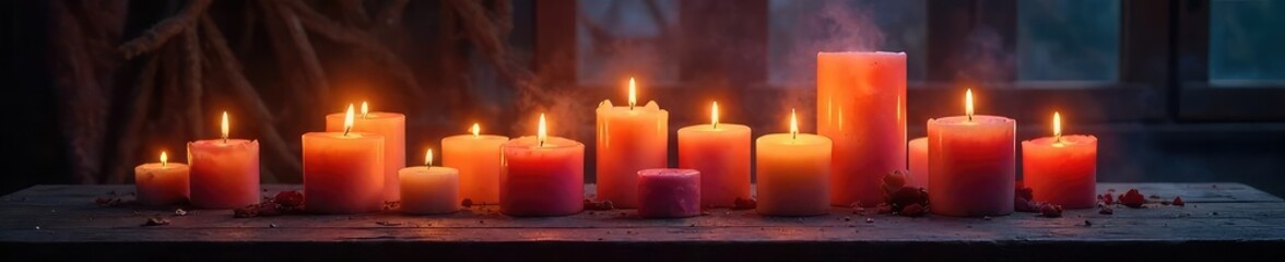 Intricate candle arrangement on an altar, glowing softly in the dim light, creating a mystical and spiritual atmosphere Perfect for pagan, witchcraft, or religious themes , fire, sacred, ritual