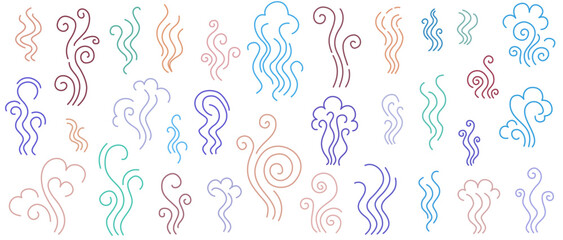 Mixed abstract curls, spirals and clouds in soft blue, lilac and brown tones, whimsical decorative line elements set