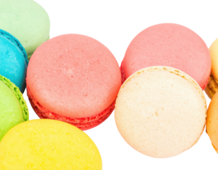 Colorful assortment of French macaron cookies with smooth shells and ruffled feet.